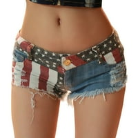 Жени Америка флаг дънкови дънки с ниска дупка за талия джобове мини къси панталони дънки