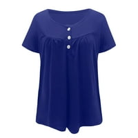 Leylayray върхове за дамски женски плюс размер Henley v Button Neck Up Tunic Tops Casual Short Leade Blouse Rishes Blue XXXL