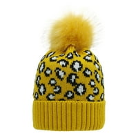 Жени модни разхлабени леопардови печат вълна шапка топла ветроустойчива голяма топка шапка барети жълти