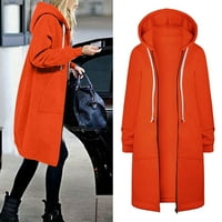 Жени есен зима ежедневно модна солидна цветна тегличка с качулка с дълъг цип джобно палто с дълъг сако оранжево оранжево