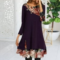 Symoid Fall рокли за жени - модна есен небрежен пълен ръкав сплайсиране на флорална отпечатана рокля с магьосника Purple Purple XXL