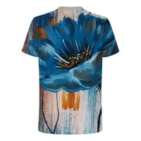 Дамски екипаж флорална блуза сладък графичен тениска небрежно разхлабени основни тениски ризи летни върхове късо ръкав редовно годни туника синьо
