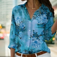 Блузи за жени флорални копчета за печат надолу ритници за ръкави върхове с яка ежедневна работа блузи дамски върхове