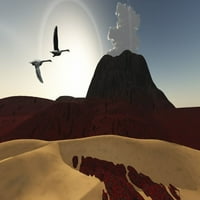 Два лебеди летят над охлаждащата лава тече от наскоро активен отпечатък на плакат вулкан