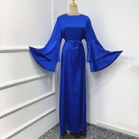 Yubnlvae O-Neck Color рокля Дълга и солидна ръкава женски сатенен талия мека мода за глезени дрехи