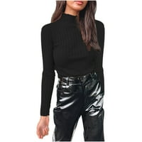 Женски моден солиден дълъг ръкав тънък коруртова пуловер пуловер блуза черно s
