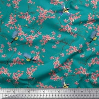 Soimoi Polyester Crepe Fabric Floral & Blue Tit Pird Print Fabric край двора