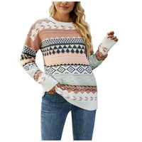 Пуловер за пуловер с дълъг ръкав на женски екипаж с дълъг ръкав реколта Argyle Flower ежедневно плетеше горен розов размер l