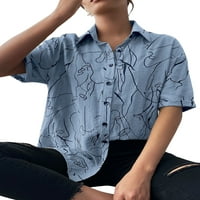 Капризи жени абстрактна печат блуза Елегантни торбисти ризи офис върхове на ревера за врата туника риза