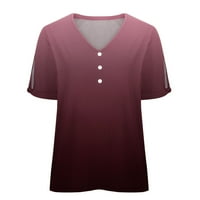 Женски градиентни ризи бутон нагоре блуза с къс ръкав туника v върхове на шията Основни летни ежедневни тийнейджъри омбре тениски вино l