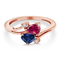 Gem Stone King 18K Rose Gold Plated Сребро Червено Създадено Ruby Blue Създадено сапфир Двоен сърдечен пръстен за жени за жени