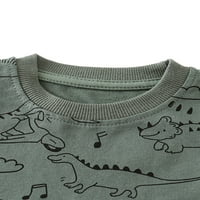 Niuer Boy Round Collar Dinosaur Print Fall Tops Boys Baggy Sweatshirt с дълъг ръкав Игра на екипаж на врата Карикатура Пуловер тъмно зелено 5T