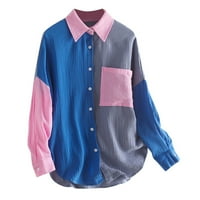 Dqueduo Женски ежедневен плюс размер блуза цветен блок с дълъг ръкав бутон надолу с висока ниска риза макси блуза върхове с джобни летни спестявания клирънс