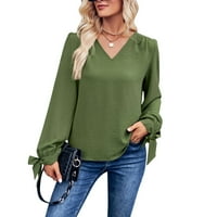 Елегантна блуза от женската блуза за дълъг ръкав v ризи за врата Небрежно разхлабена плътна цветна туника за бизнес офис есенно облекло зелено l